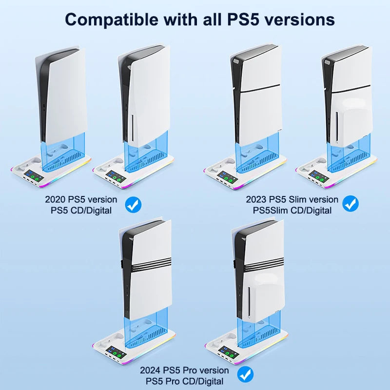 For PS5 Slim/PS5 Stand Cooling Holder & Controller Charging Station With Headphone Hook RGB Light 3 Levels Cooling Fan For PS5