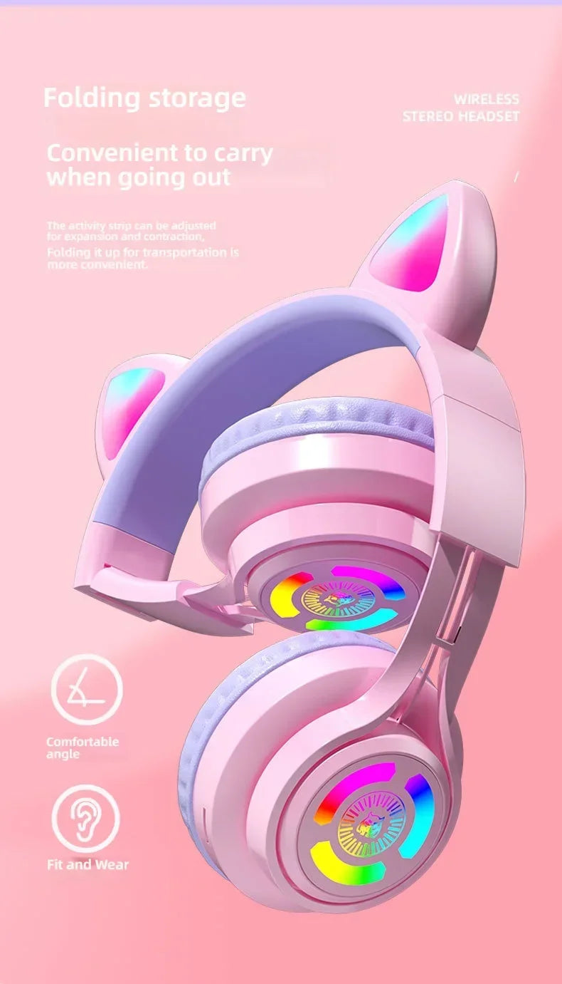RGB Lighting Headphone For PC Computer iPad Cat Ear Gaming Headset Noise Reduction Headphones With Microphone Children Gift