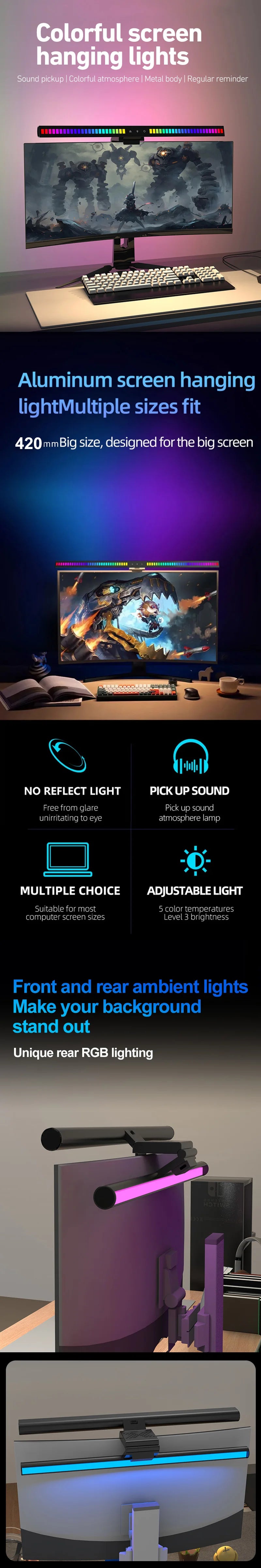 Computer Monitor Light Bar RGB Music Rhythm Screen Hanging Lights Dimming Desk Lamp Reading Gaming Table Lighting