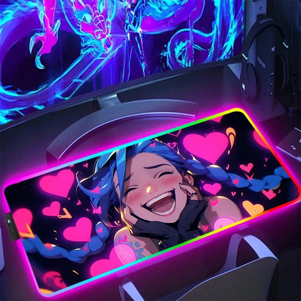 Hot Anime Game Graffiti Jinxs RGB Pc Gamer Keyboard Mouse Pad Mousepad LED Glowing Mouse Mats Rubber Gaming Computer Mausepad