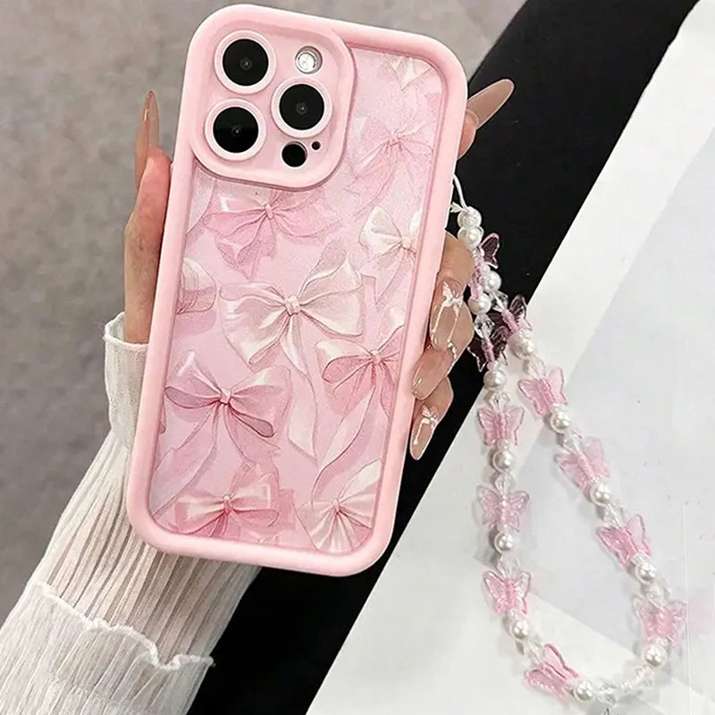 Pink Bow Pattern Silicone Phone Case For iPhone 16 17 Pro Max 15 14 13 12 11 Pro Max 16E X XS XR 7 8 Plus Butterfly Charm Cover