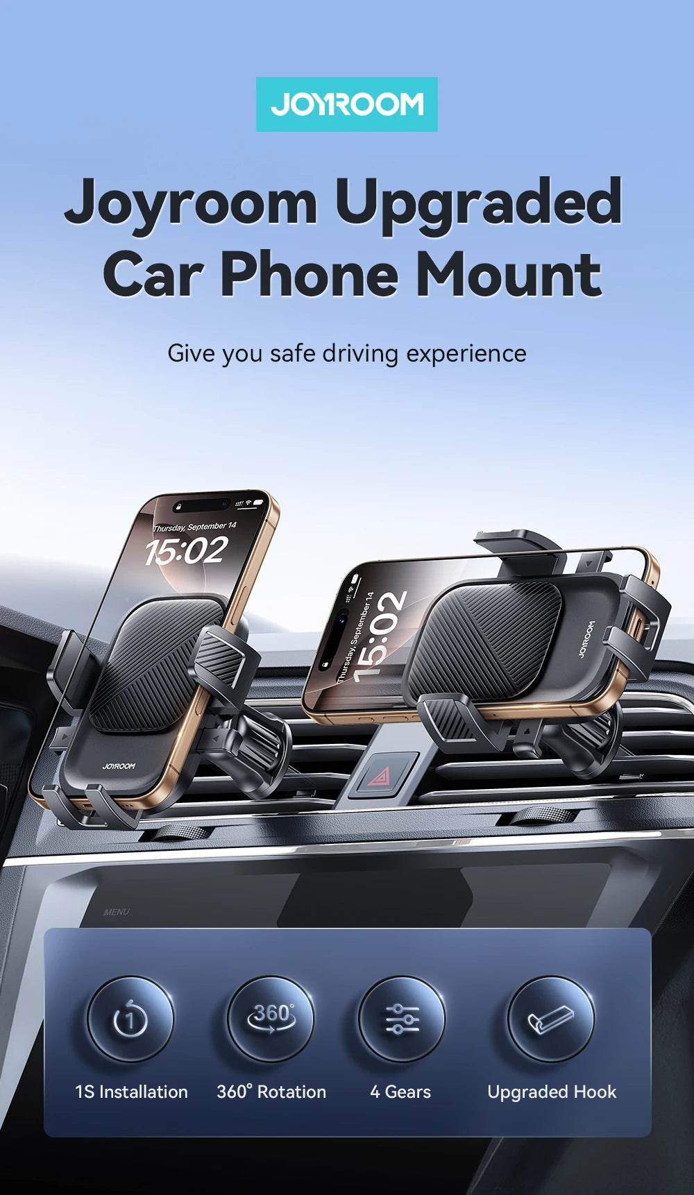 Joyroom Car Phone Holder 360° Rotation Car Air Vent Phone Holder Universal Hands-Free Cell Phone Mount For 4.7-6.9'' Phones