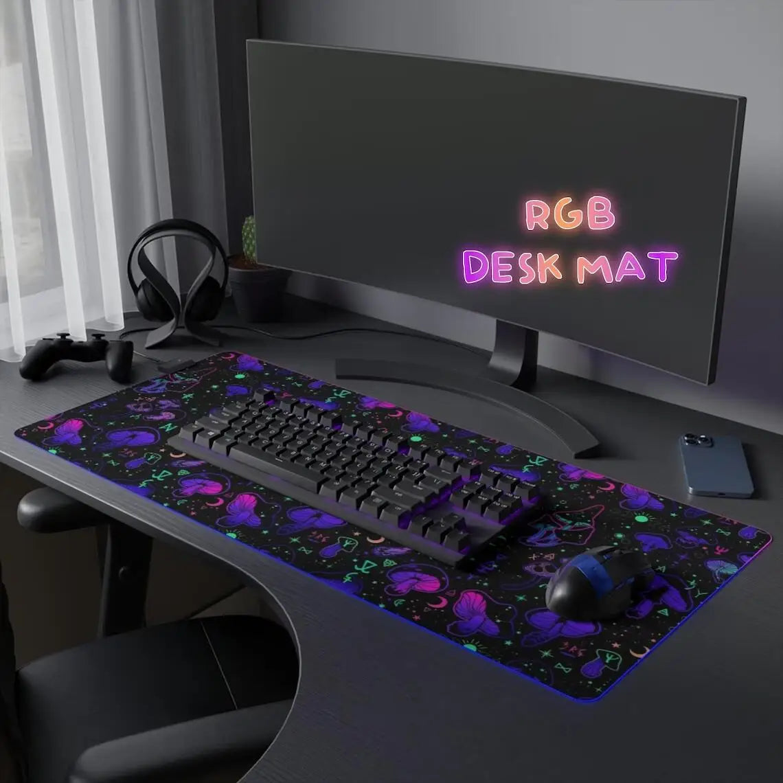 RGB Mouse Pad Mushroom Gaming Desk Mat Celestial Large Mousepad Black Neon Gamer RGB LED Desk Mat Pastel Goth Witchcraft