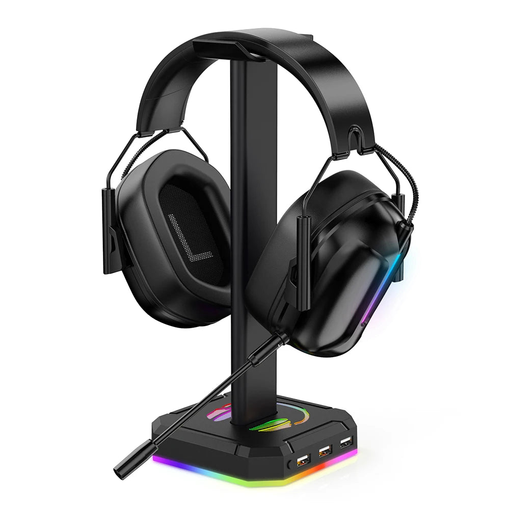 RGB Gaming Headphone Stand Over-ear Headset Desk Bracket Desktop Computer Earphone Display Holder Luminous with 3 USB Ports