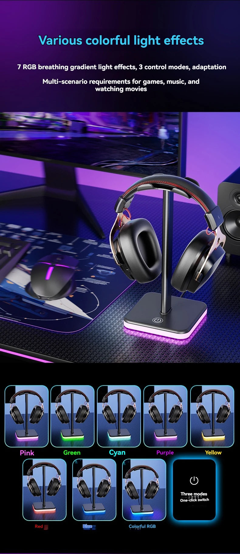 Headphone Stand with RGB Lighting - Adjustable Color Control for Gaming Headset Storage and Display