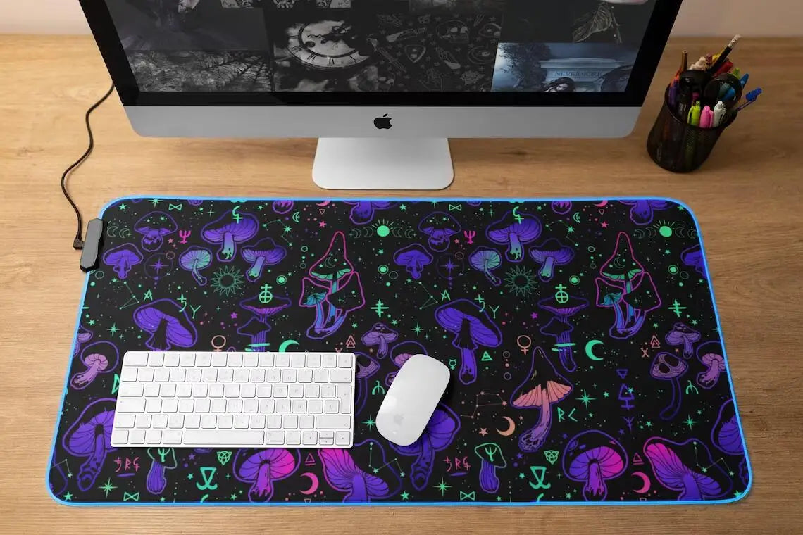 RGB Mouse Pad Mushroom Gaming Desk Mat Celestial Large Mousepad Black Neon Gamer RGB LED Desk Mat Pastel Goth Witchcraft