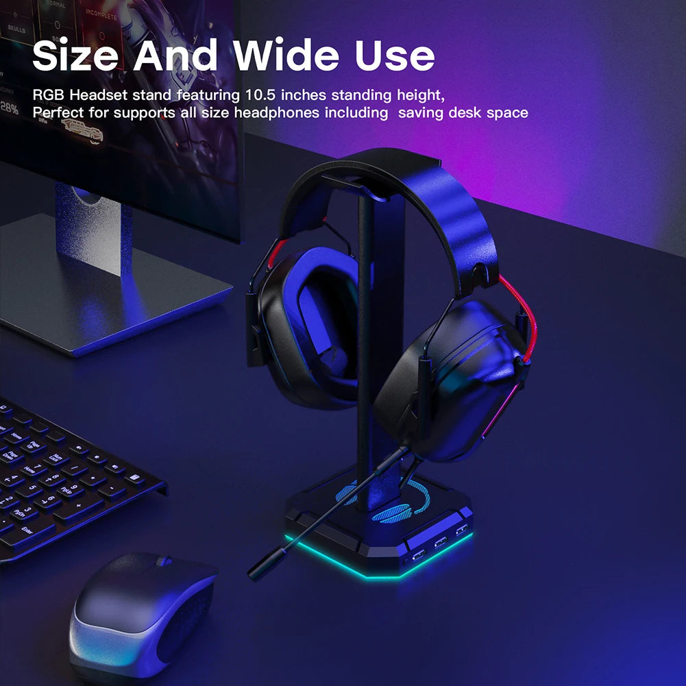 RGB Gaming Headphone Stand Over-ear Headset Desk Bracket Desktop Computer Earphone Display Holder Luminous with 3 USB Ports