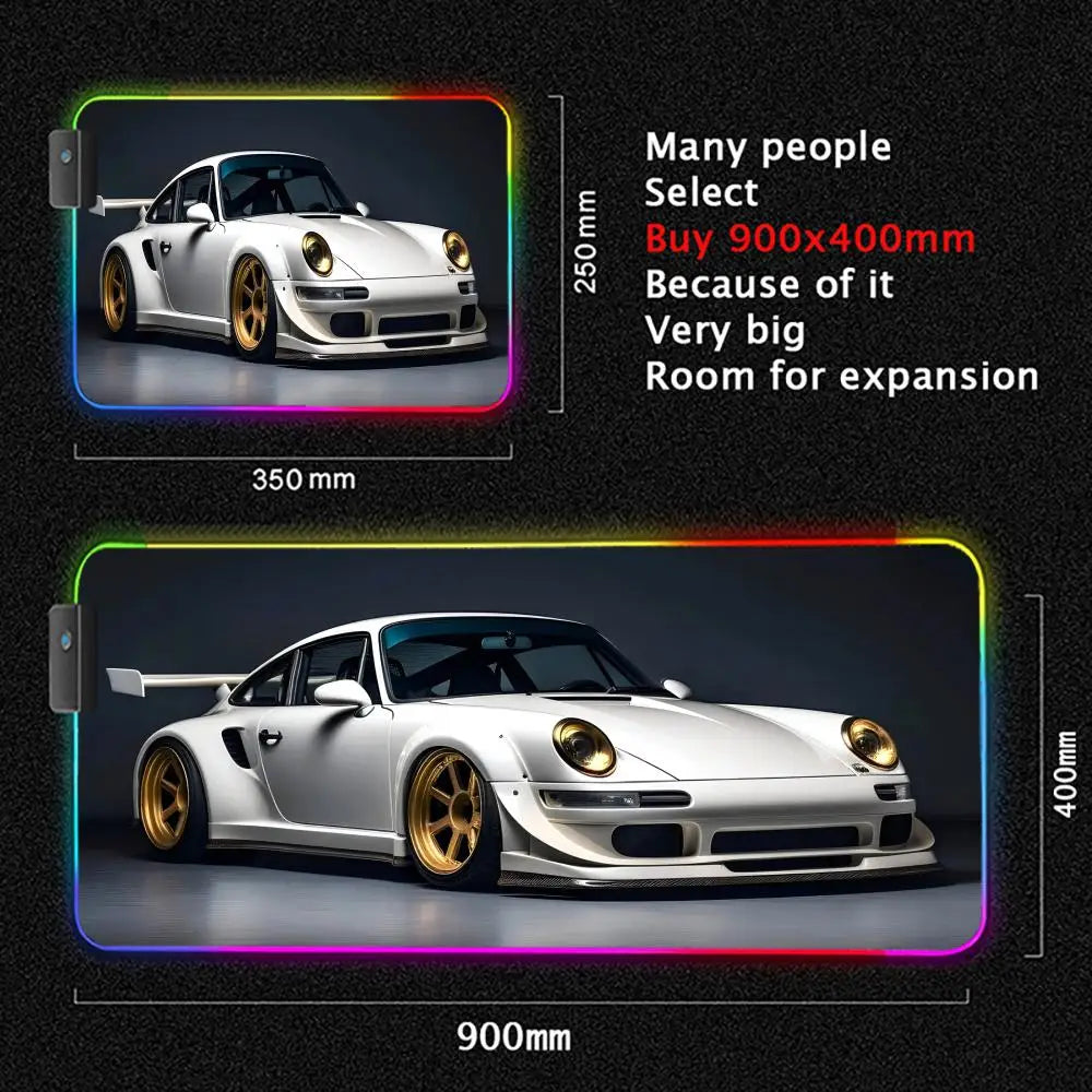 Car Theme RGB Mouse Pad Large Gaming Mousepads LED Light Locked Edges Game Accessories Table Pads Cool Keyboard Mats XXL 90x40cm