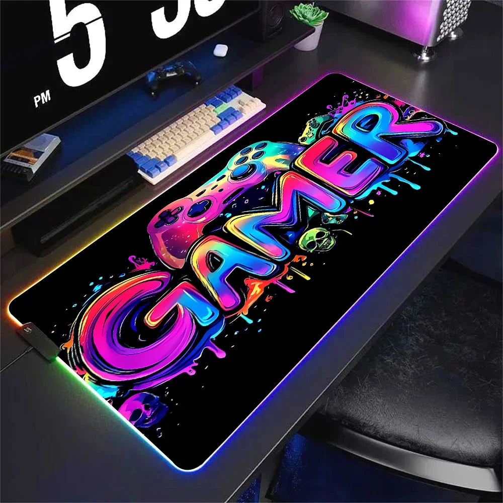 RGB Neon Gaming Controller Art Mouse Pad LED Backlight Luminous Gamer Rubber Keyboard Pads Esports Computer Accessories Desk Mat