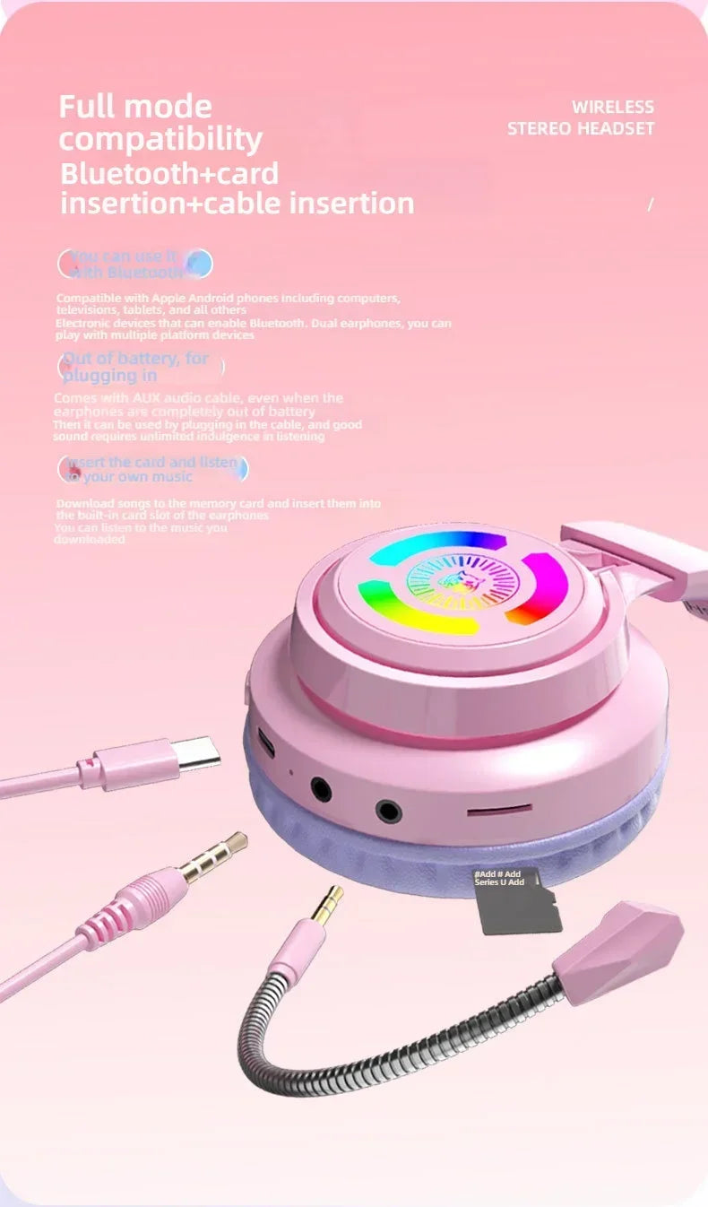 RGB Lighting Headphone For PC Computer iPad Cat Ear Gaming Headset Noise Reduction Headphones With Microphone Children Gift