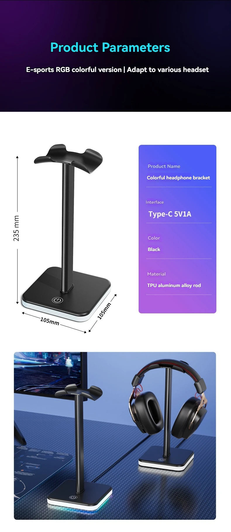 Headphone Stand with RGB Lighting - Adjustable Color Control for Gaming Headset Storage and Display