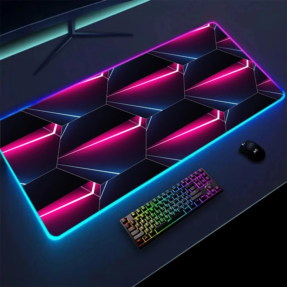 XXL RGB Gaming Mouse Pad New 3D Geometry Desk Mat HD Gamer Accessories Large LED Light Mousepads PC Computer Carpet with Backlit