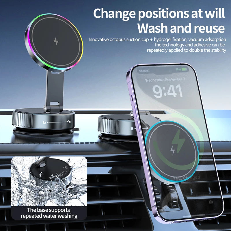 15W Vacuum Suction Magnetic Wireless Charger Car Phone Holder Mount 360 degree Rotatable Compatible with Smartphones for iPhone