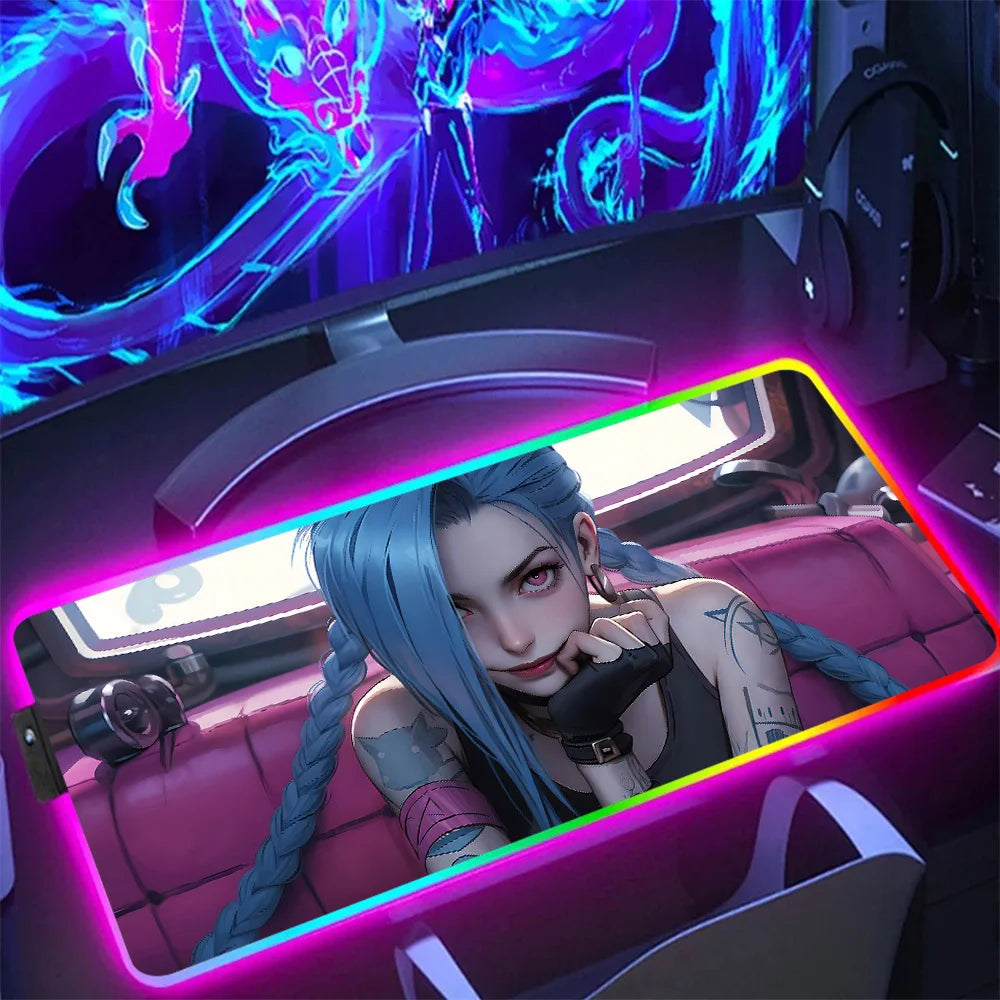 Hot Anime Game Graffiti Jinxs RGB Pc Gamer Keyboard Mouse Pad Mousepad LED Glowing Mouse Mats Rubber Gaming Computer Mausepad