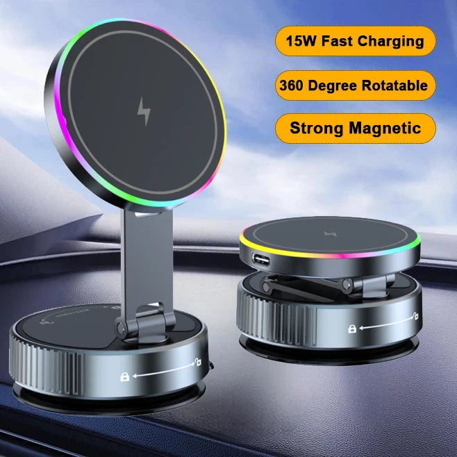 15W Vacuum Suction Magnetic Wireless Charger Car Phone Holder Mount 360 degree Rotatable Compatible with Smartphones for iPhone