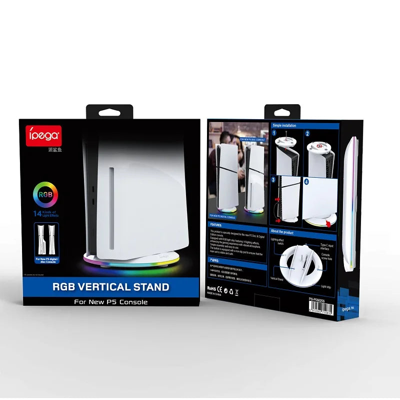 RGB Vertical Stand for PS5 Slim Console with Anti Slip Pad Disc Digital Versions with 7 LED Lights Game Accessories