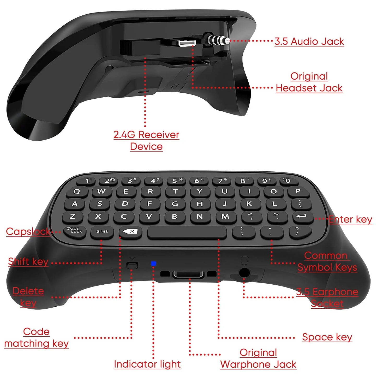 Controller Keyboard for Xbox Series X/S/One/One S Wireless Chatpad Gaming Keypad with USB Receiver With 3.5mm Audio Jack