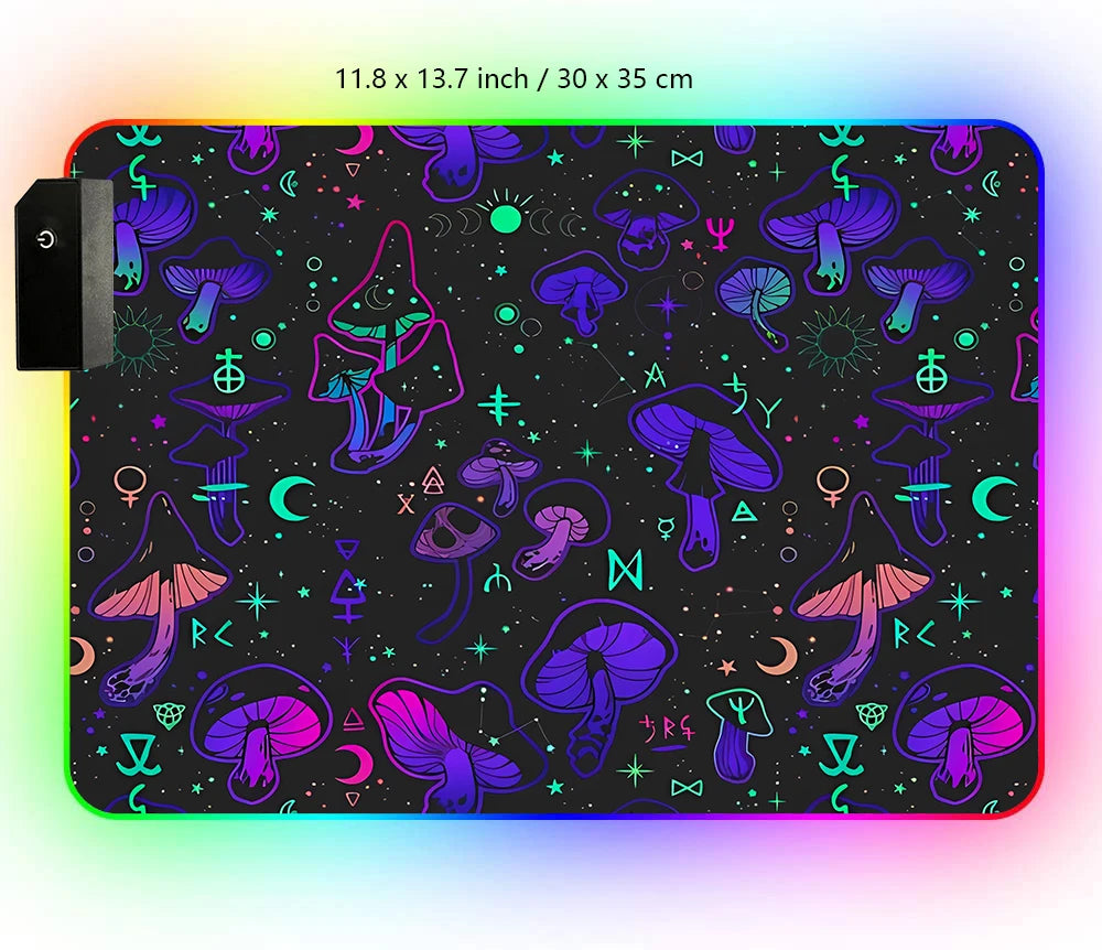 RGB Mouse Pad Mushroom Gaming Desk Mat Celestial Large Mousepad Black Neon Gamer RGB LED Desk Mat Pastel Goth Witchcraft