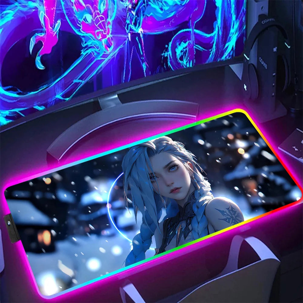 Hot Anime Game Graffiti Jinxs RGB Pc Gamer Keyboard Mouse Pad Mousepad LED Glowing Mouse Mats Rubber Gaming Computer Mausepad