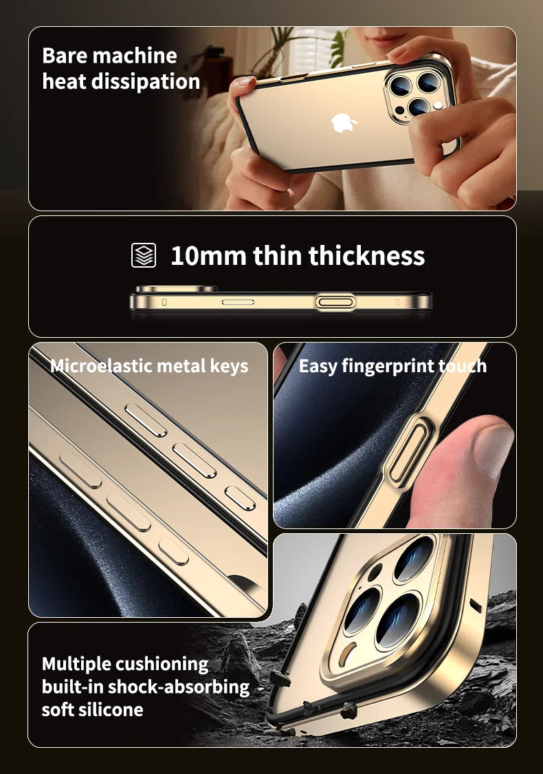 Camera Protection + Hybrid Silicone Frame Aluminum Metal Phone Case For iPhone 17 16 15 Pro Max 14 13 Better Heat Bumper