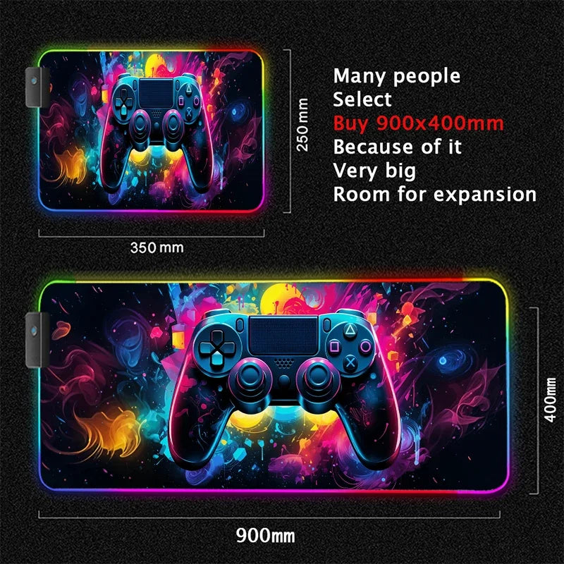 RGB Neon Gaming Controller Art Mouse Pad LED Backlight Luminous Gamer Rubber Keyboard Pads Esports Computer Accessories Desk Mat