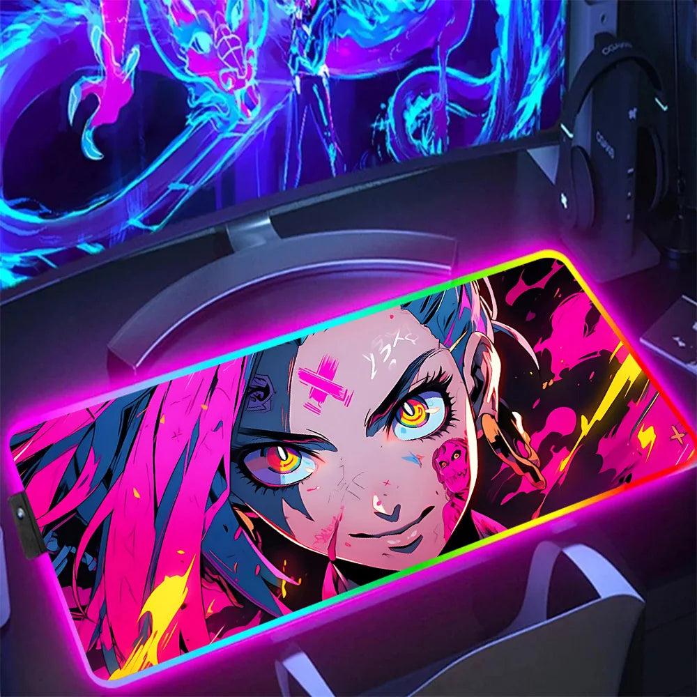 Hot Anime Game Graffiti Jinxs RGB Pc Gamer Keyboard Mouse Pad Mousepad LED Glowing Mouse Mats Rubber Gaming Computer Mausepad
