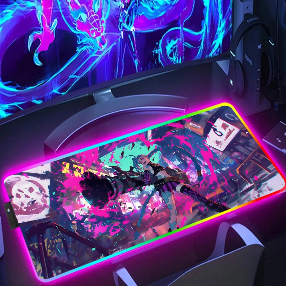Hot Anime Game Graffiti Jinxs RGB Pc Gamer Keyboard Mouse Pad Mousepad LED Glowing Mouse Mats Rubber Gaming Computer Mausepad